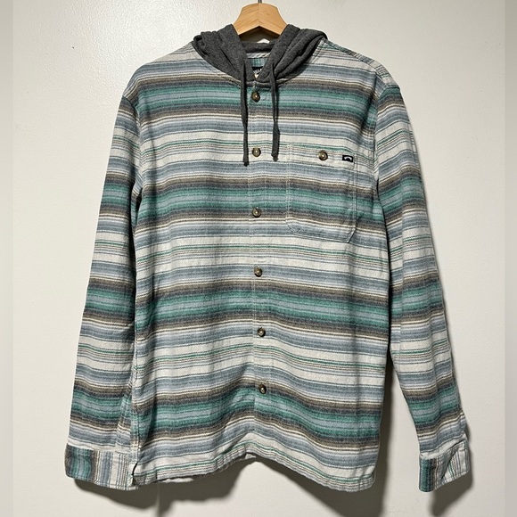 Billabong Men’s Hooded Button-Down Shirt Jacket  - Medium – Green Gray Striped - Picture 2 of 15